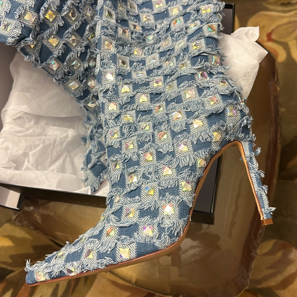Denim high heel fringed and rhinestone boots!  New! Size 11.